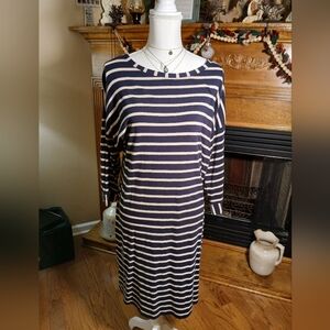 Jones New York 3/4 Sleeve Strip Dress In Colors Of Blue/Tan